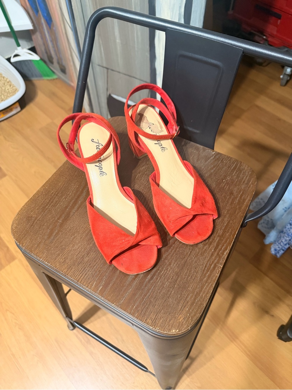 Free People Red Suede Block Heel Ankle Strap Sandals Size 7